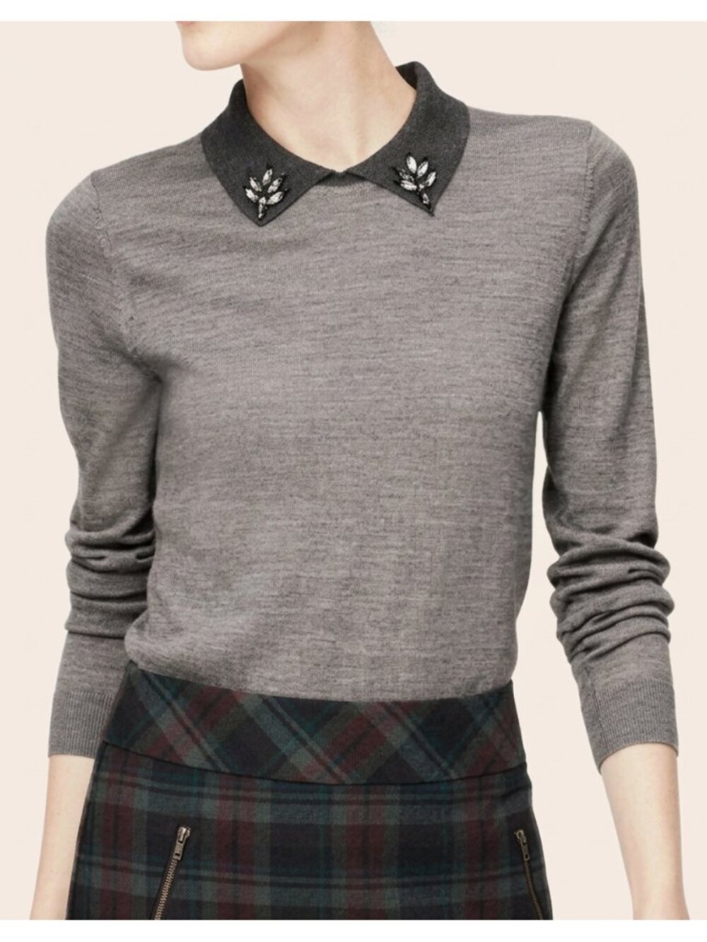 ANN TAYLOR LOFT Embellished Collar Sweater Gray Grey Jeweled Collared Preppy S
